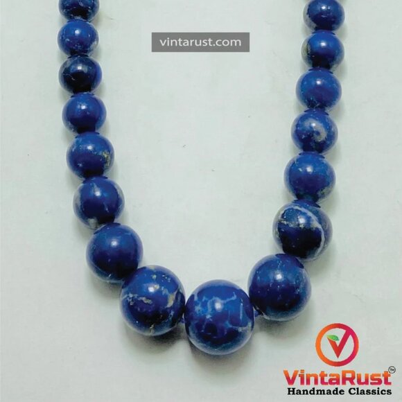 Lapis Lazuli Blue Bead Necklace, Vintage Lapis Stone Single Strand Graduated - Picture 5 of 10
